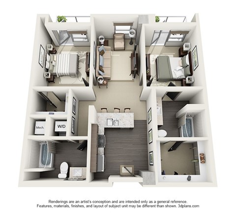 Floor plan for 2 beds, 2 baths, 1144 sqft